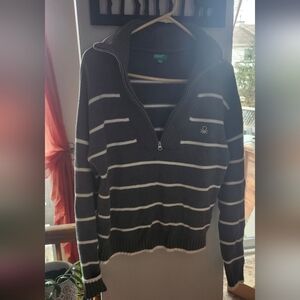 Striped Half-Zip Sweater - Grey & White